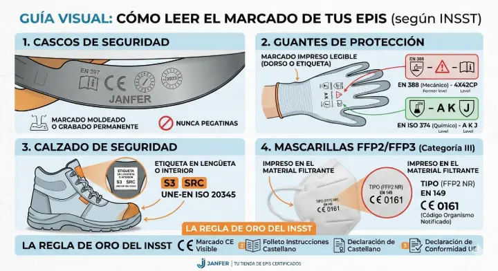Infografía de Janfer sobre el marcado de seguridad en cascos, guantes EN 388, calzado ISO 20345 y mascarillas FFP2 según normativa INSST.